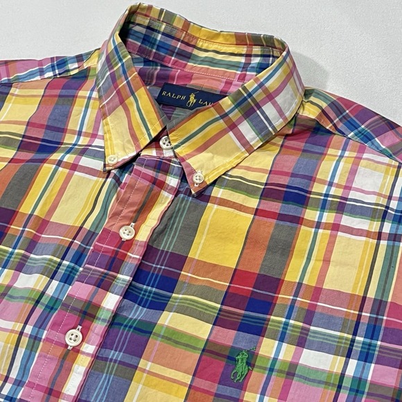 Ralph Lauren Men Yellow Multicolor Short Sleeve Shirt Tartan Plaid Logo Size XL - Picture 1 of 8